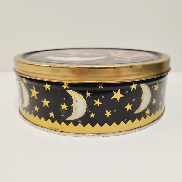 Vtg Holiday Christmas Reindeer Celestial Moon Stars Blue Gold Cookie Tin - Picture 4 of 8